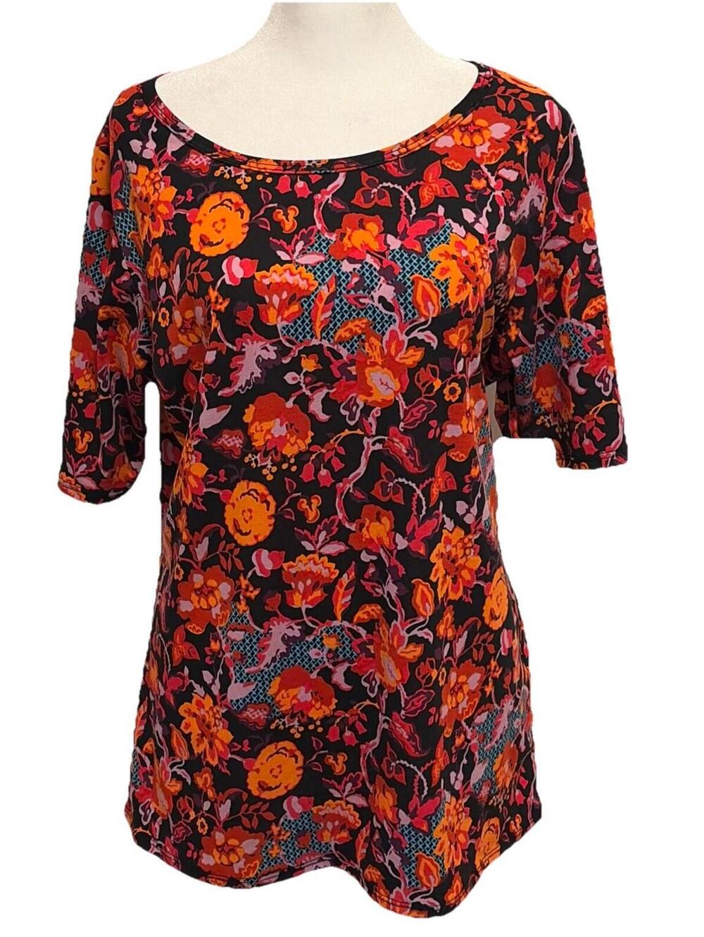 NWT LuLaRoe Gigi SS Orange Red Black Floral Print Fitted Top Size 2XL (20-22)
